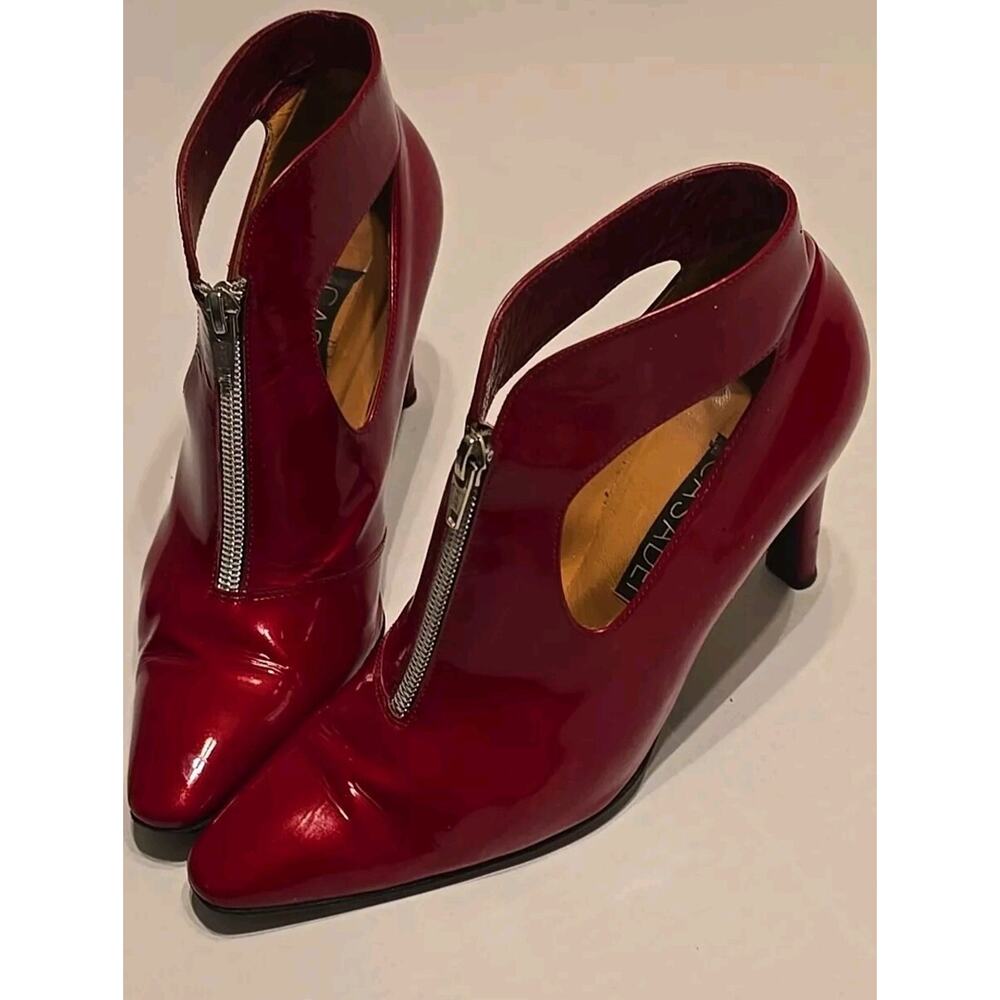 Casadei 7.5 B Red Patent Ankle Boots Peek A Boo Front Zipper Italy 90s Success